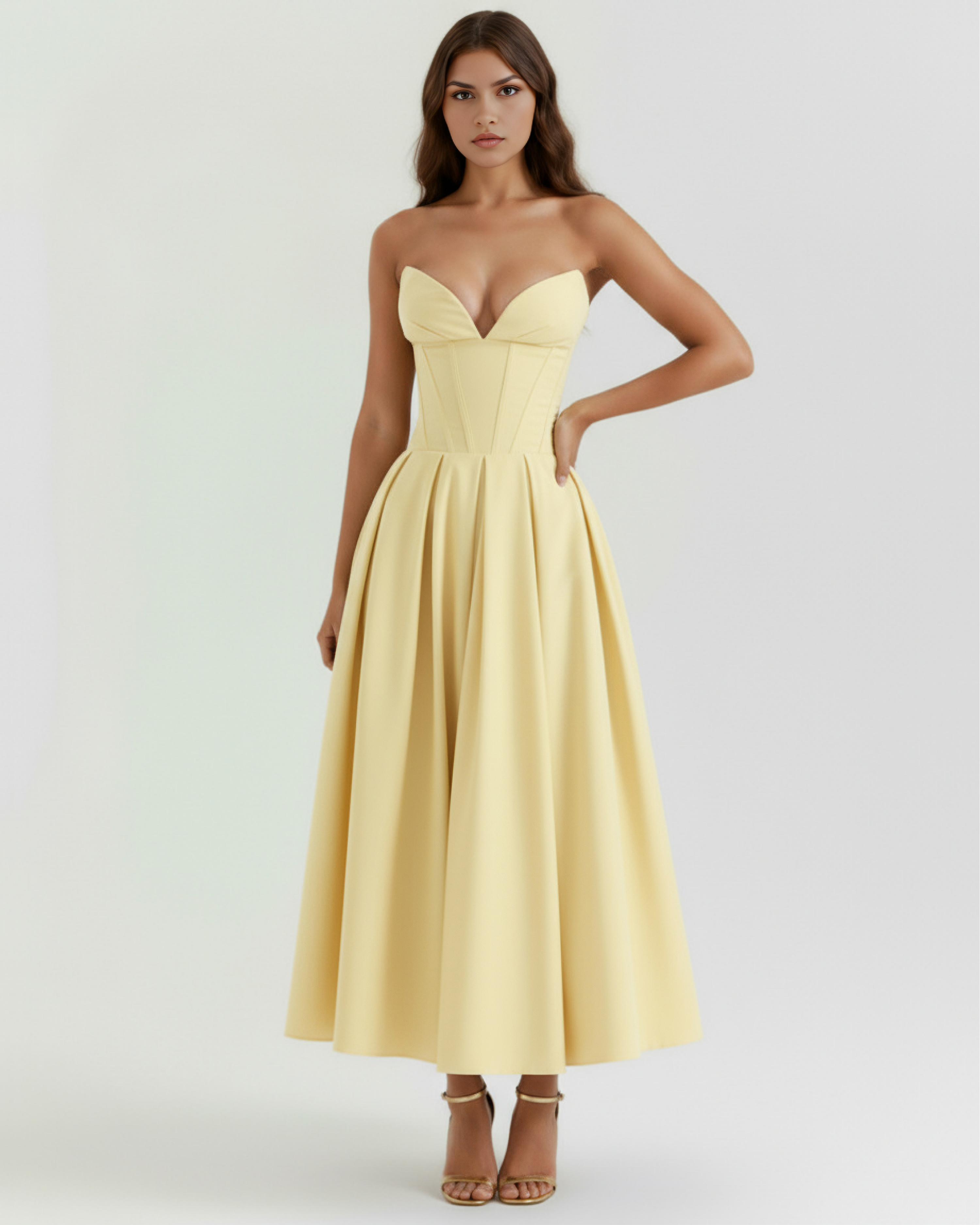 Light yellow strapless corset midi dress with sweetheart neckline and full pleated skirt