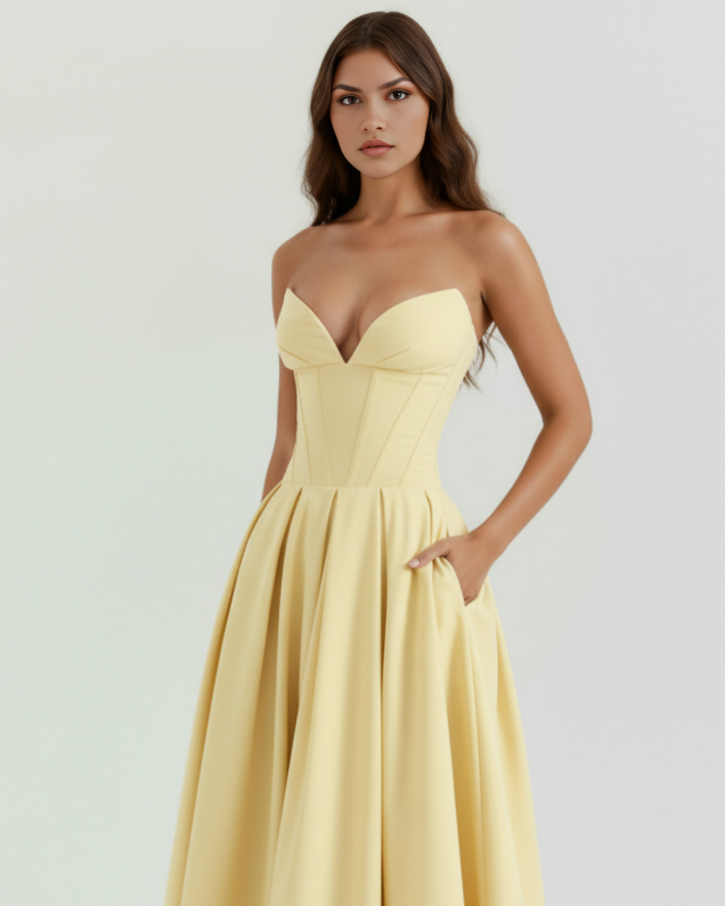 Light yellow strapless sweetheart corset midi dress with structured bodice and pleats