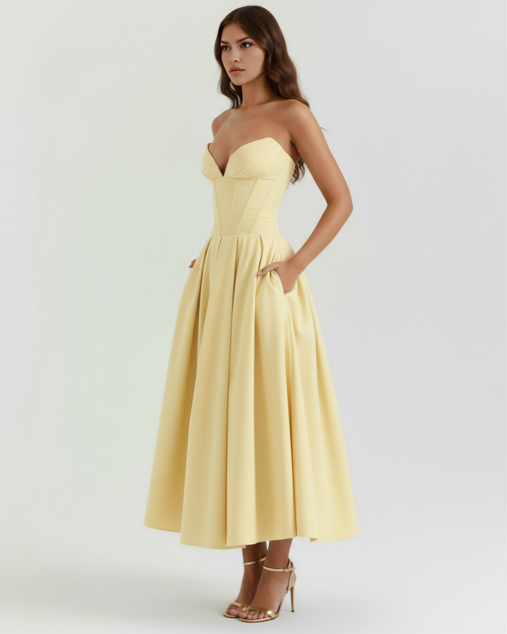 Light yellow strapless corset midi dress with fitted bodice and voluminous pleated skirt