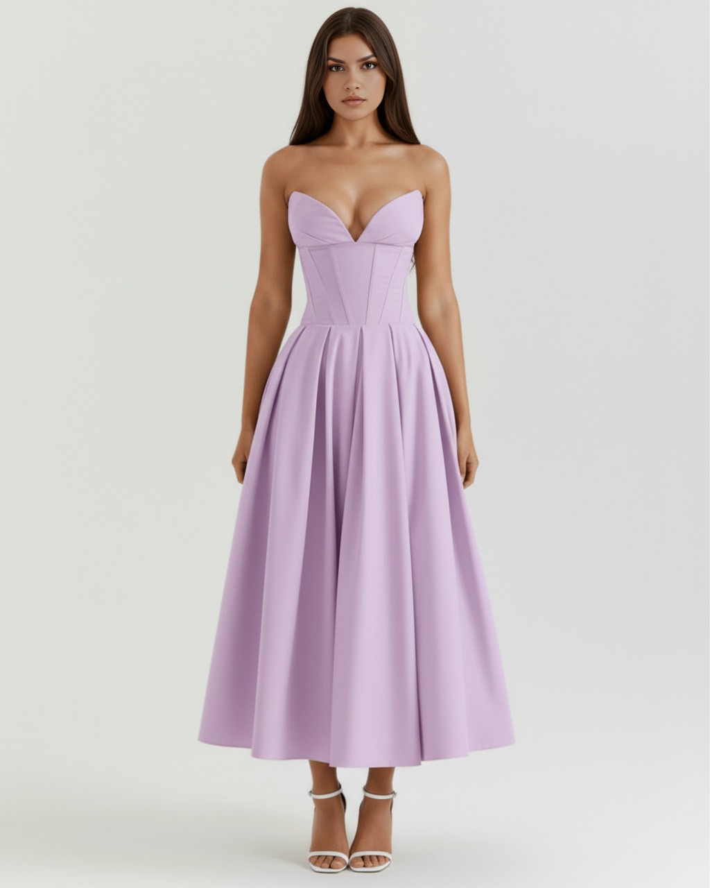 Violet strapless sweetheart corset dress with full pleated midi skirt