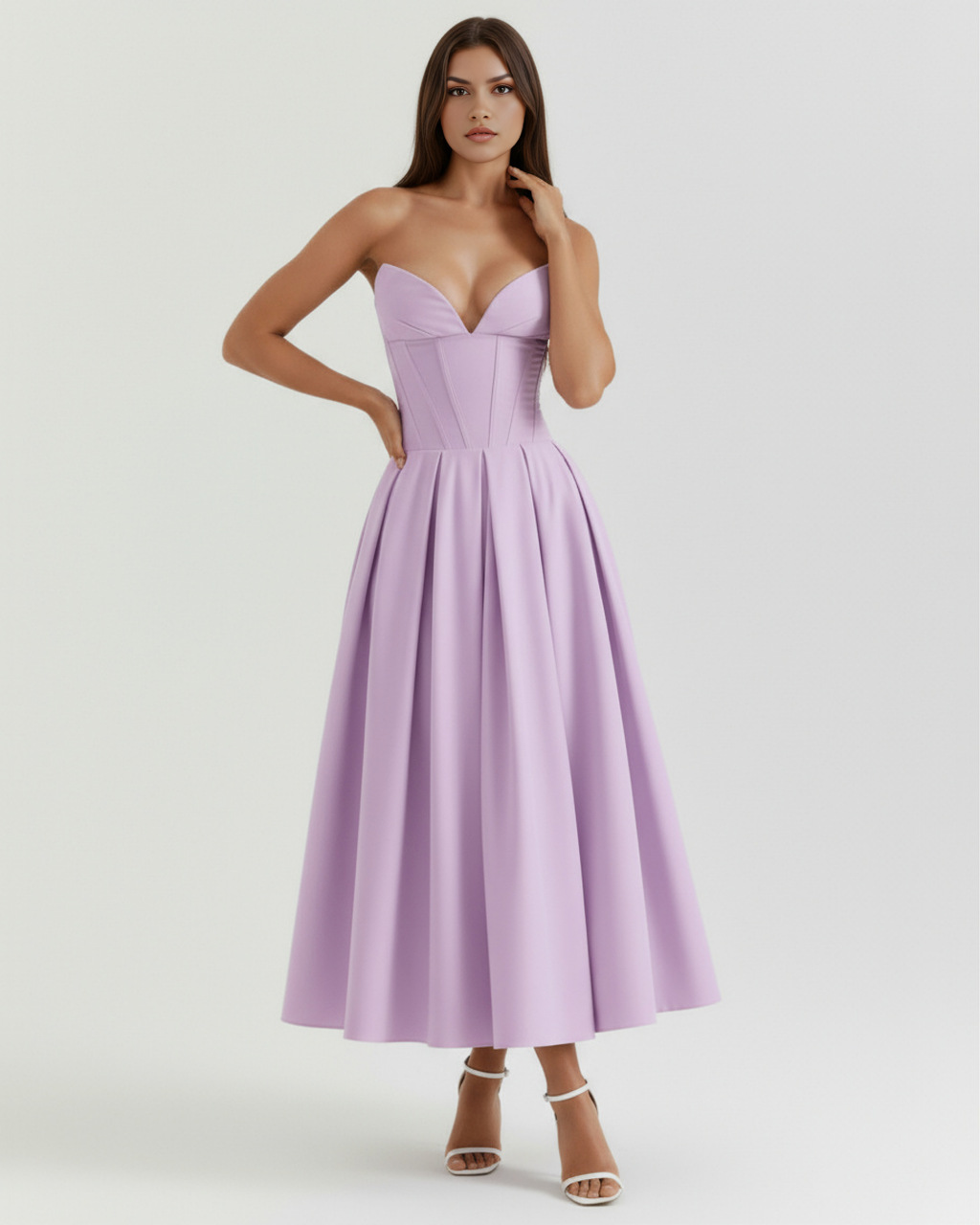 Violet strapless corset midi dress with sweetheart bodice and flared skirt