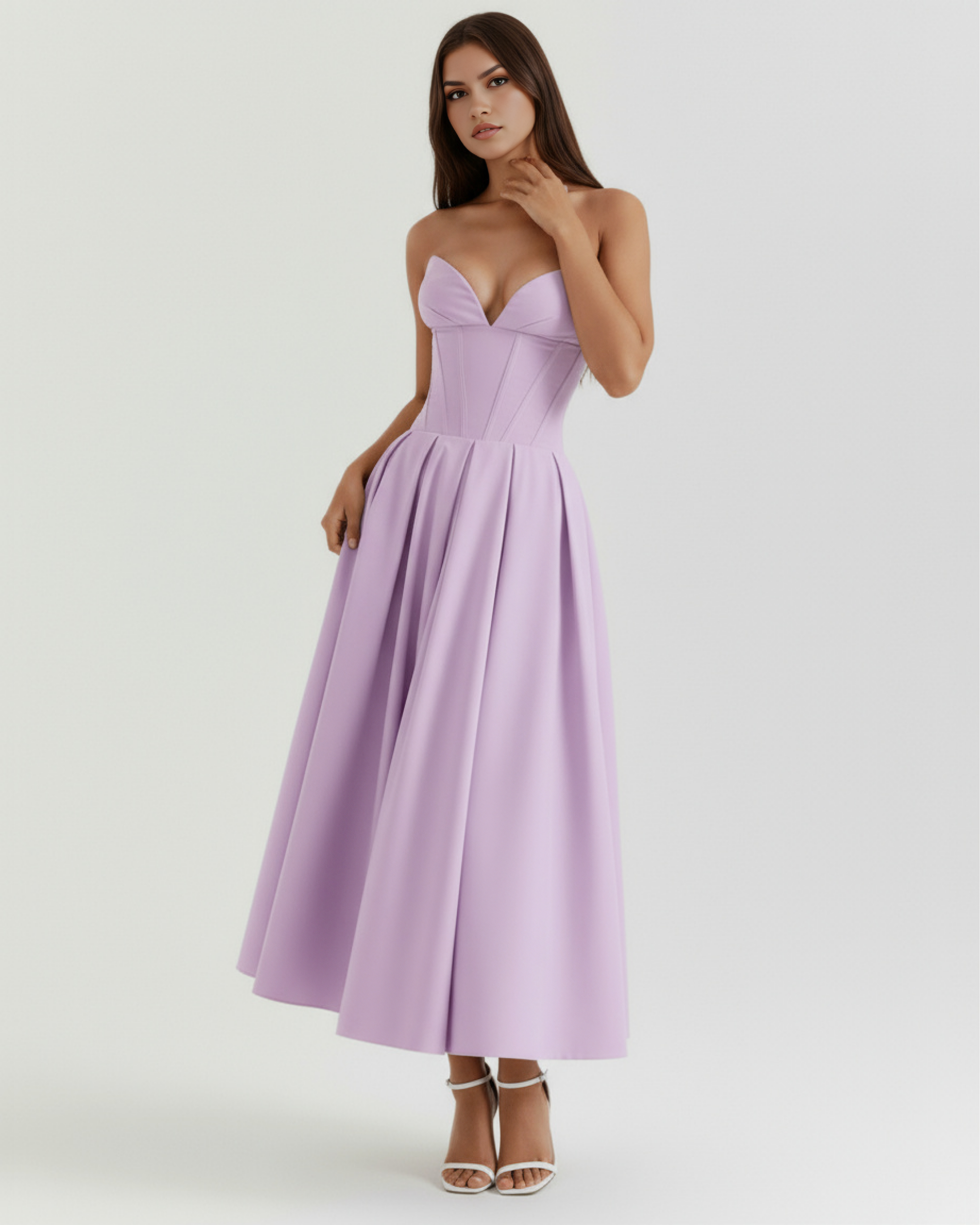 Violet strapless corset midi dress with fitted waist and gathered pleated skirt