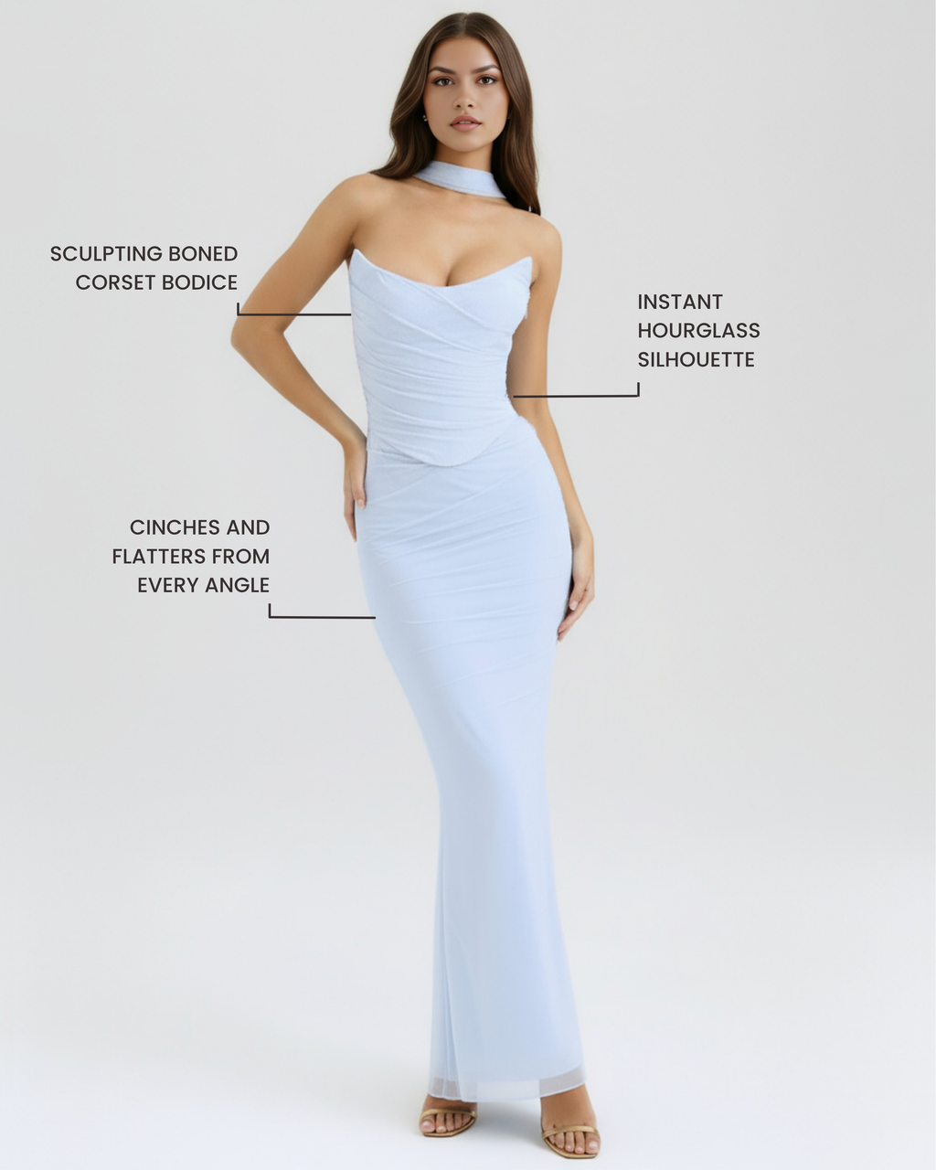 Light blue ruched strapless maxi dress with figure-skimming corset-style bodice