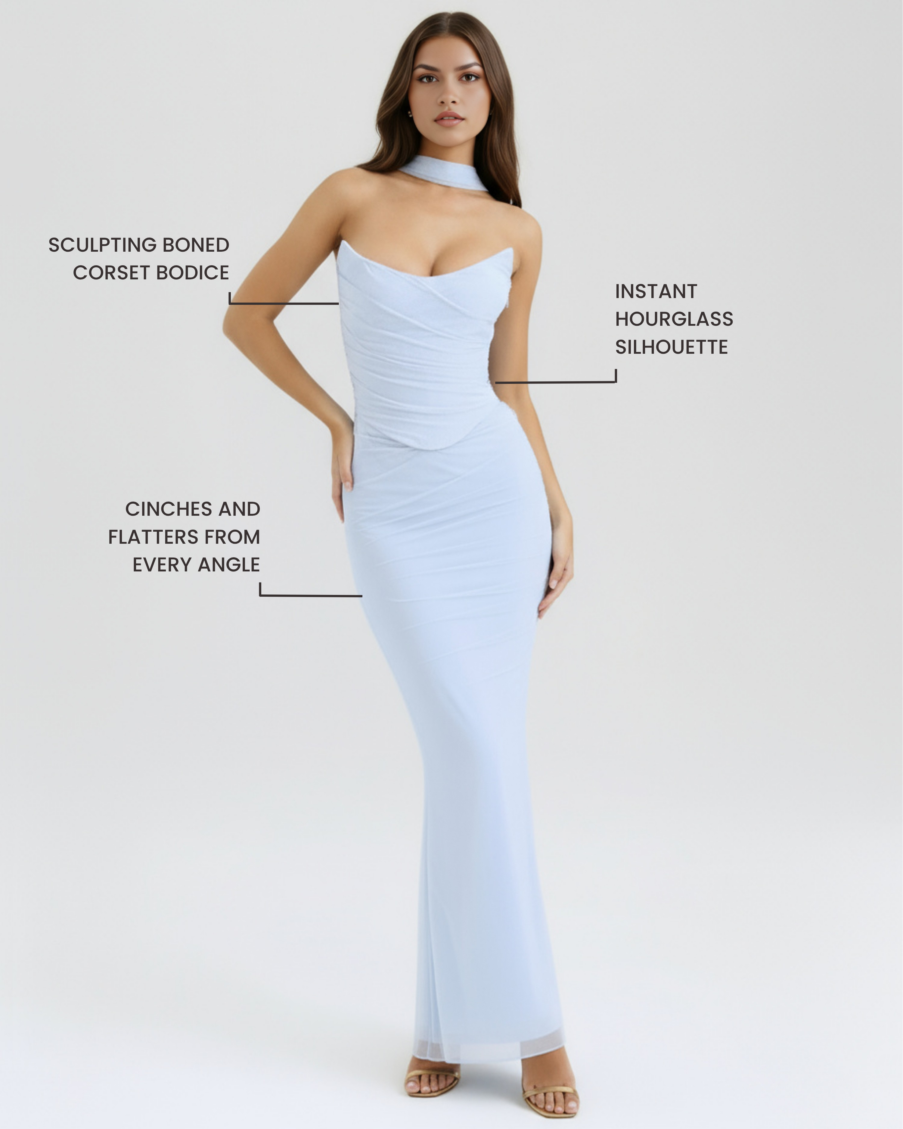 Light blue ruched strapless maxi dress with figure-skimming corset-style bodice