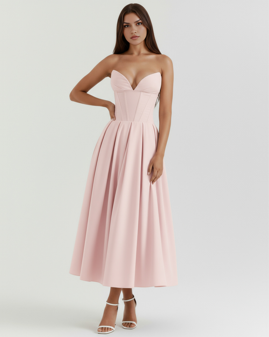 Pink strapless corset bodice midi dress with full pleated skirt