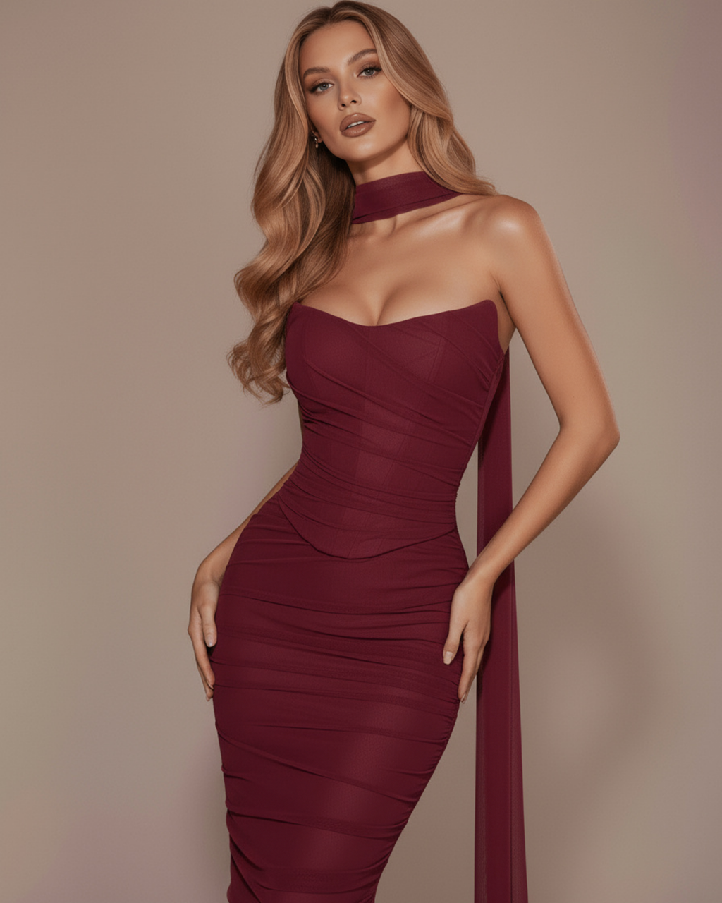 Burgundy ruched bodycon midi dress with strapless bodice and high neck band