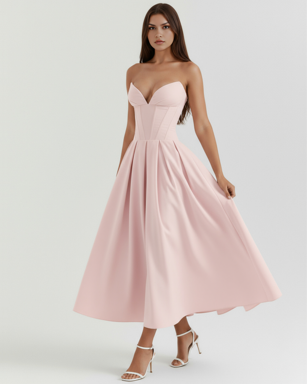Pink strapless corset midi dress with voluminous pleated skirt and smooth bodice