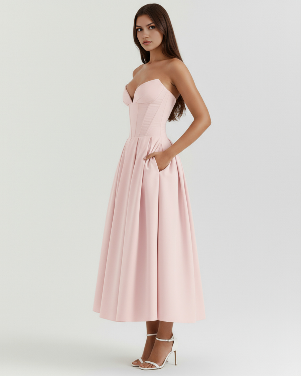 Pink strapless corset midi dress with pleated skirt and waist bow detail