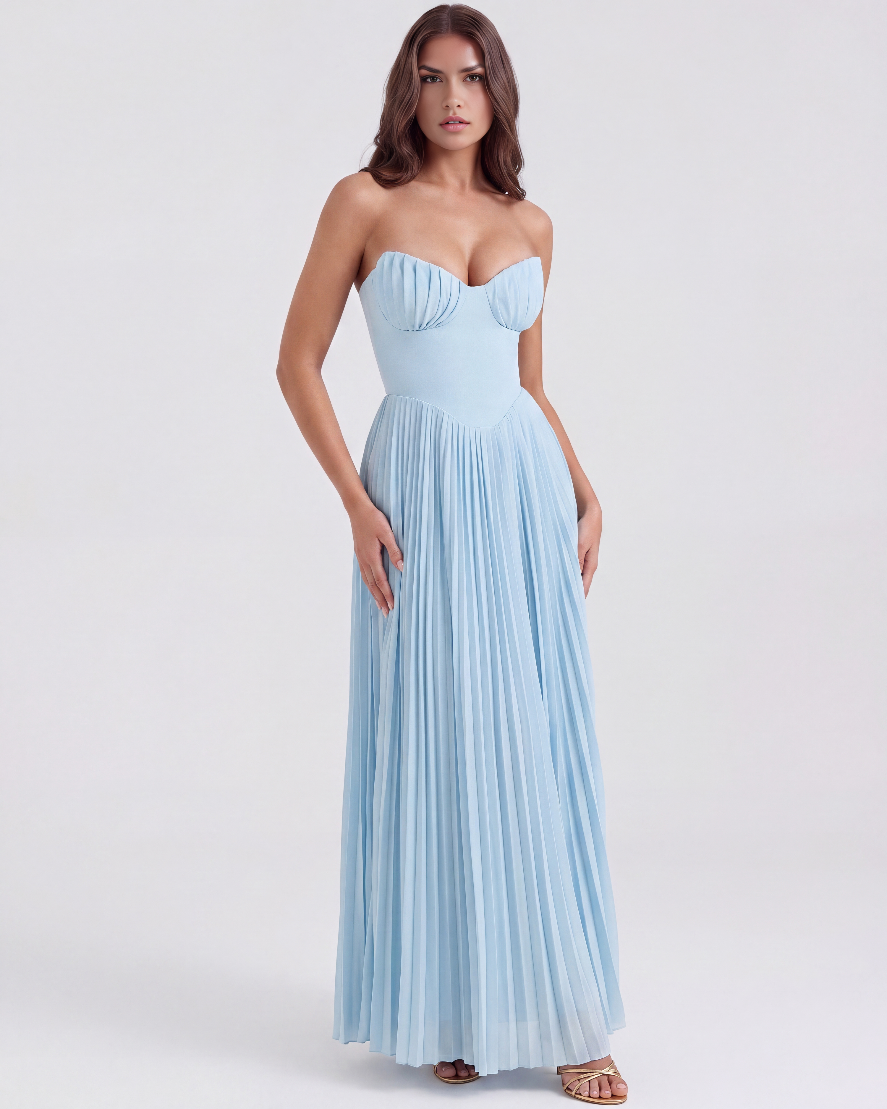 Strapless baby blue pleated maxi dress with ruched bust and gathered waist