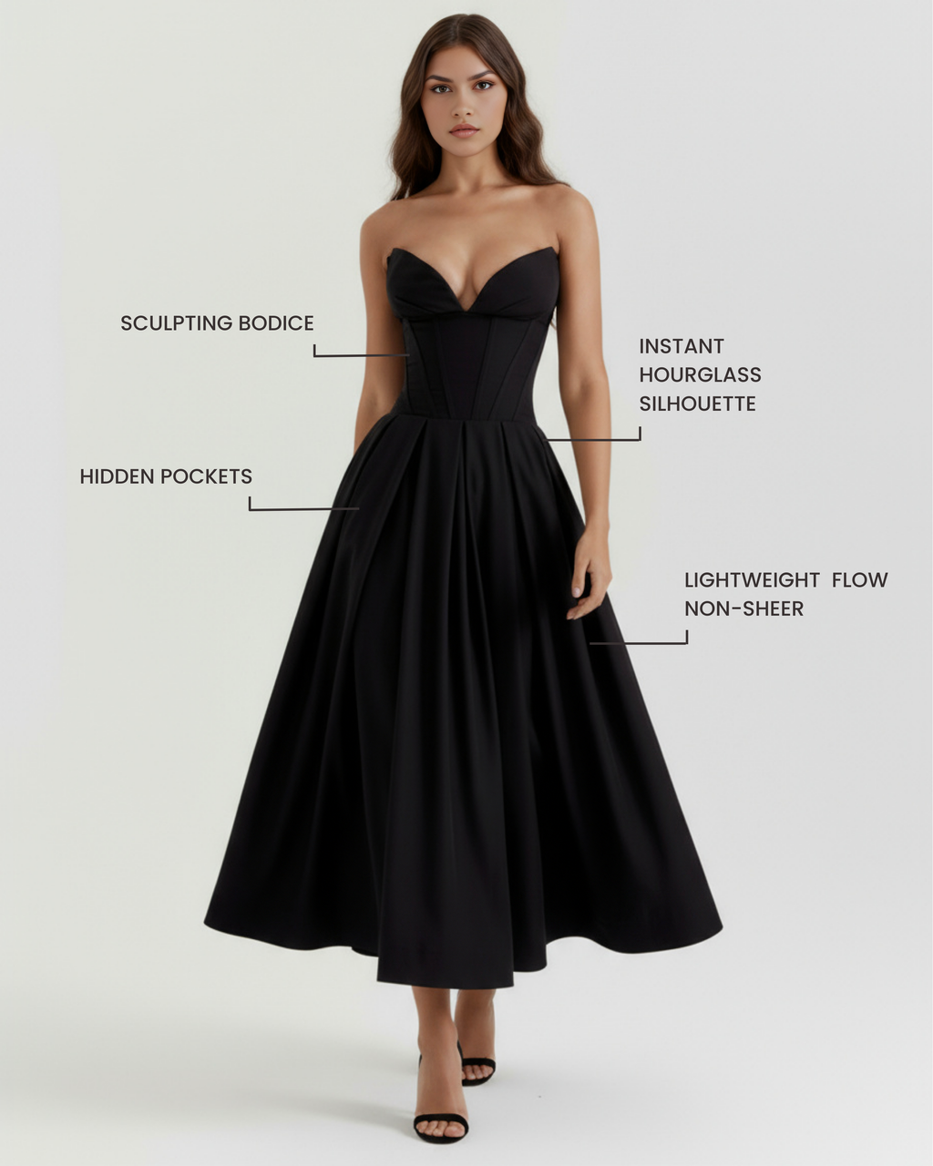 Black strapless corset midi dress with structured bodice and flared pleated skirt