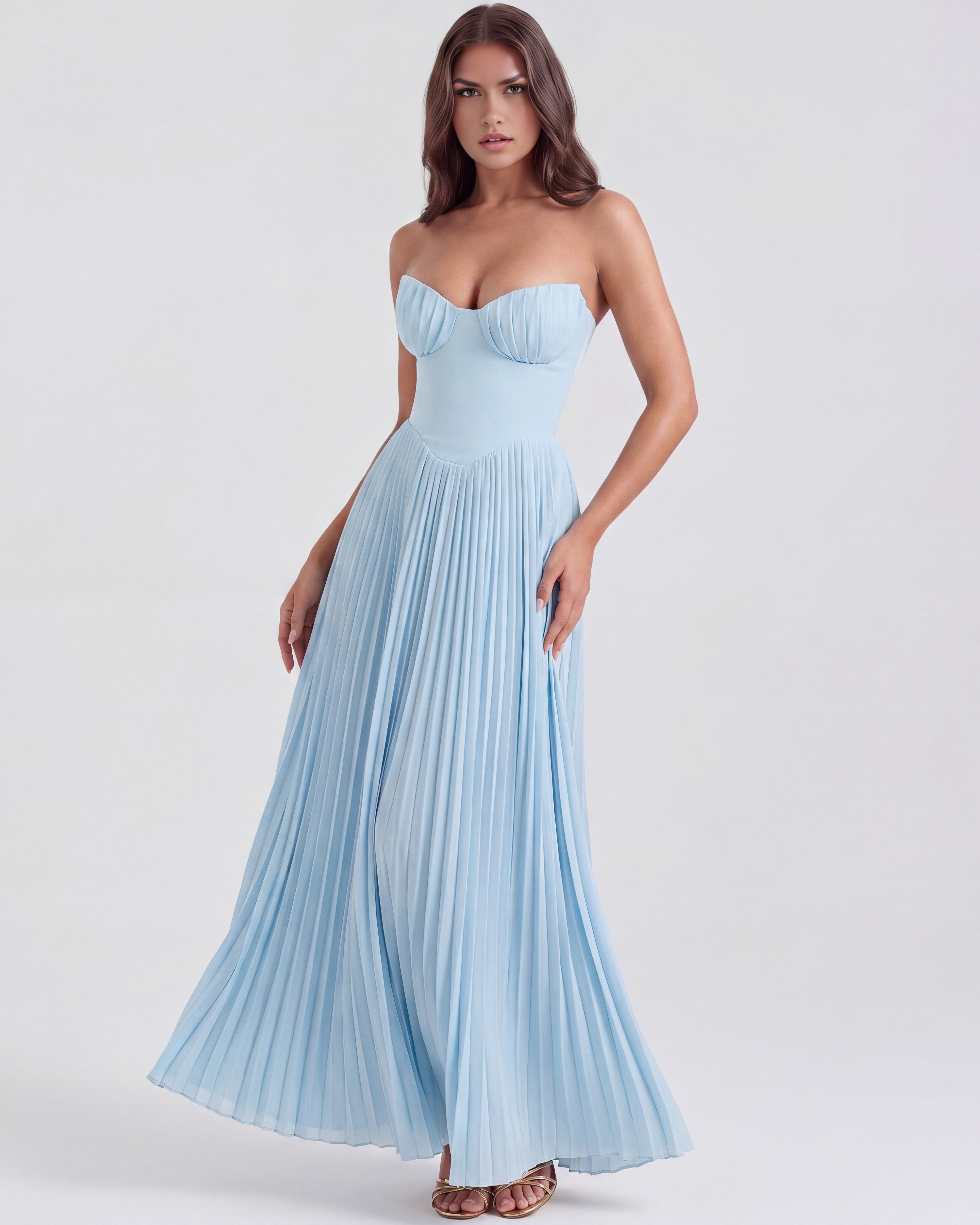 Strapless baby blue pleated maxi dress with ruched bust and flowing skirt