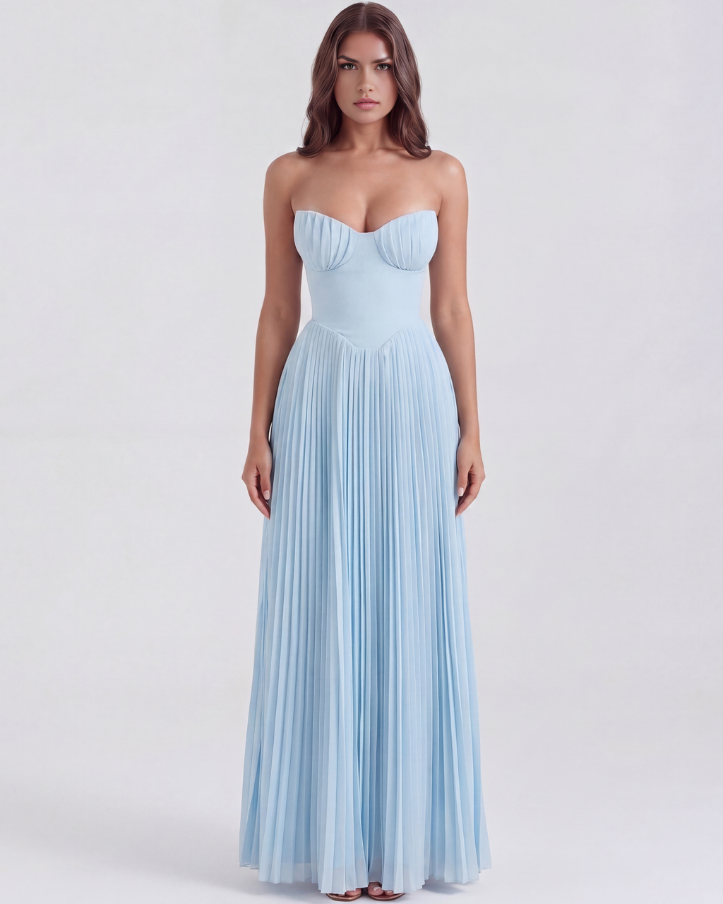 Strapless pleated maxi dress in baby blue with ruched bodice and fitted waist