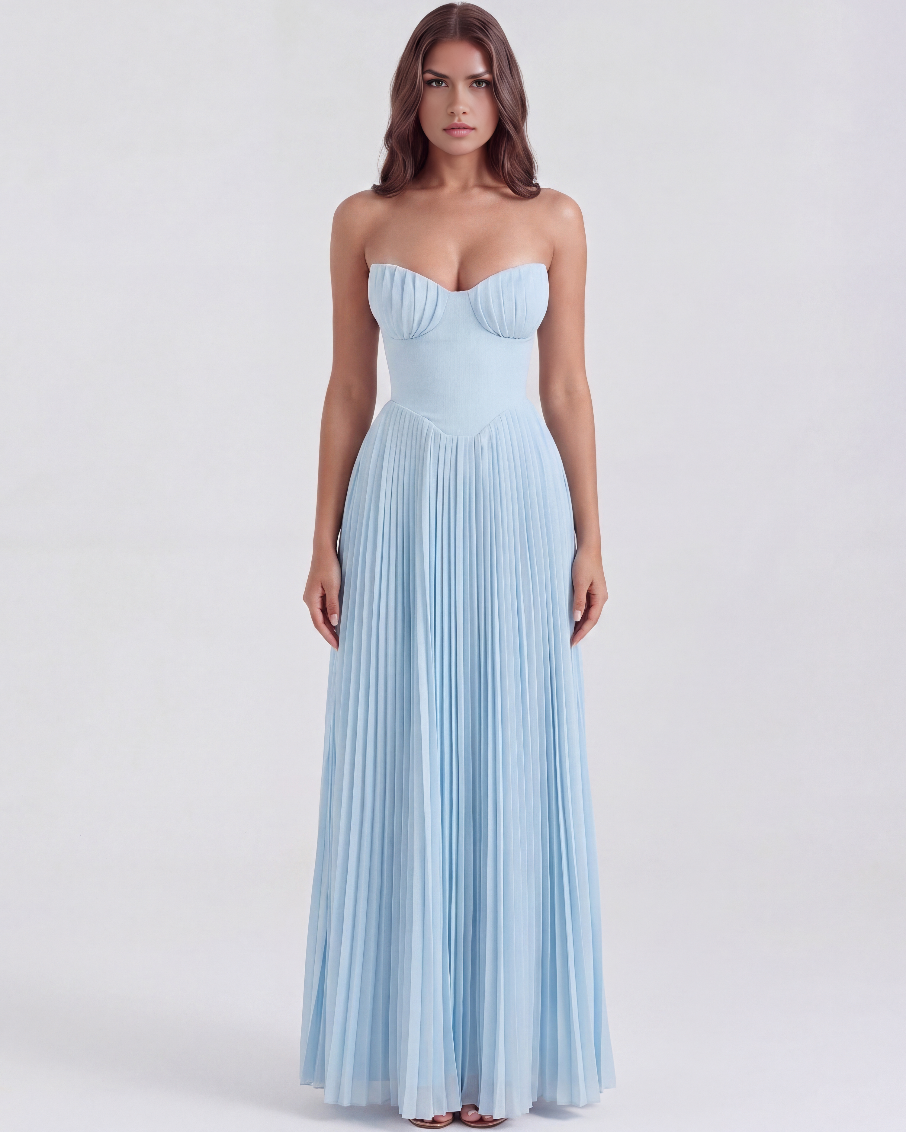 Strapless pleated maxi dress in baby blue with ruched bodice and fitted waist
