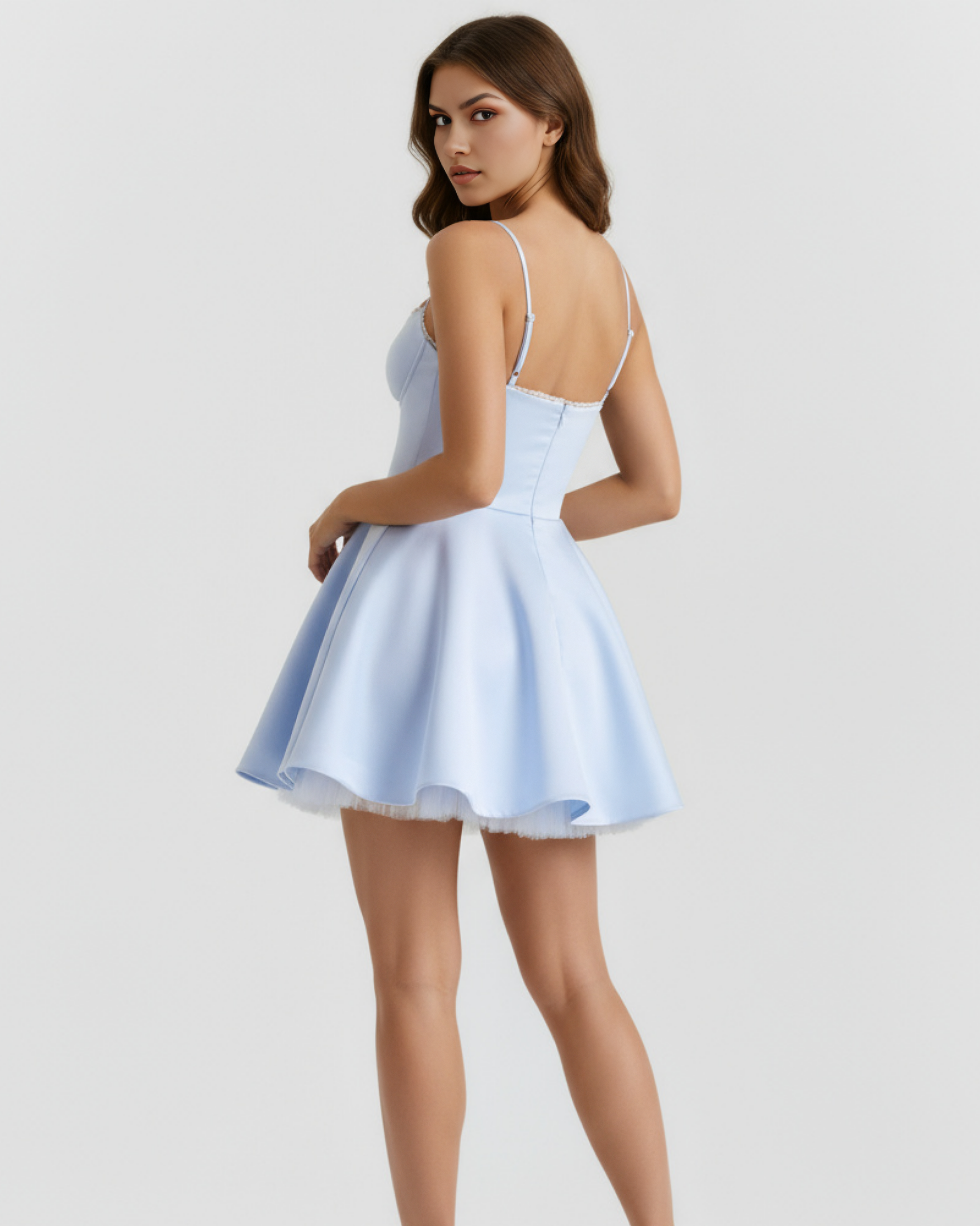 Baby blue skater dress with spaghetti straps and back bodice seams