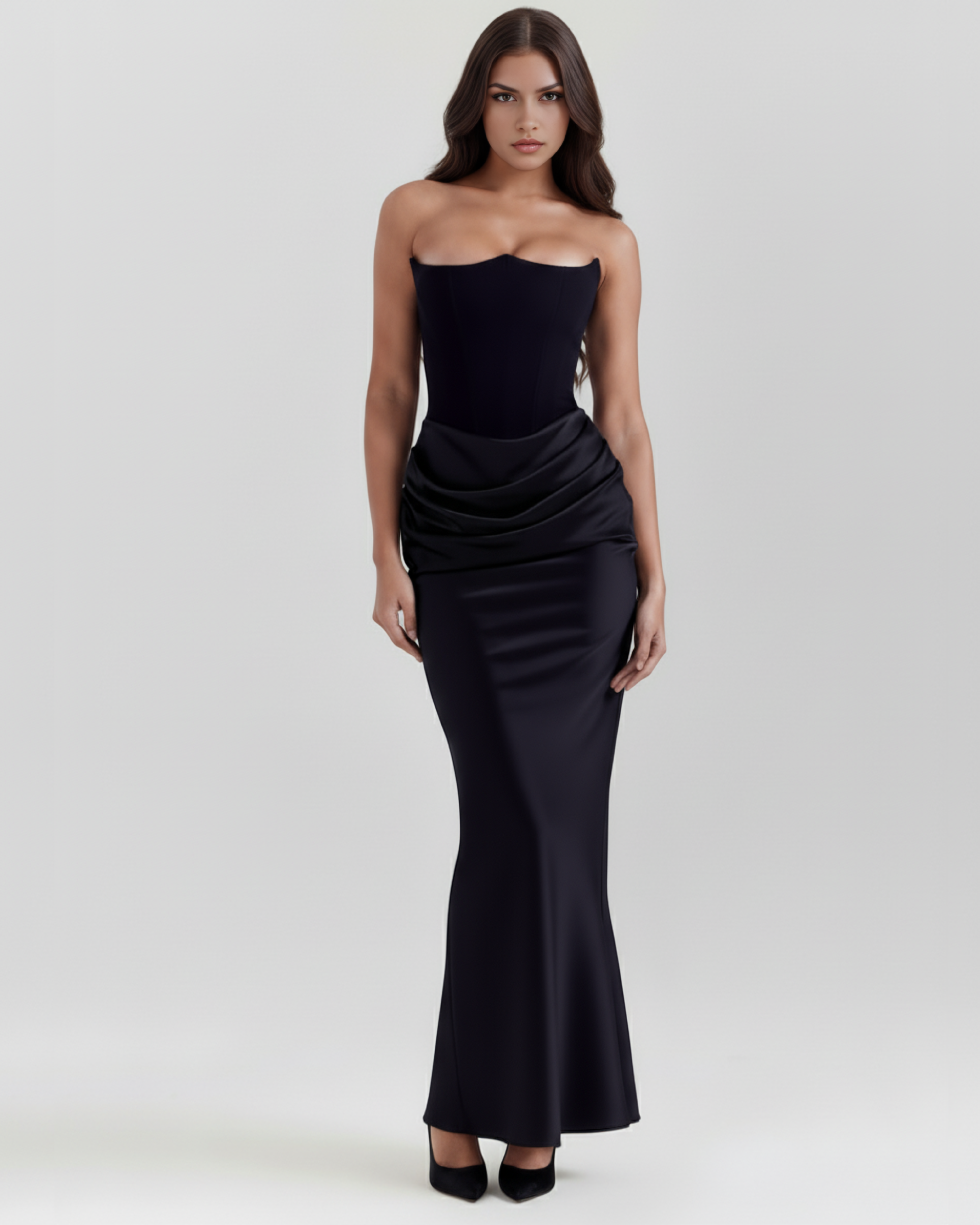 Black strapless satin corset-style gown with draped waist and mermaid silhouette