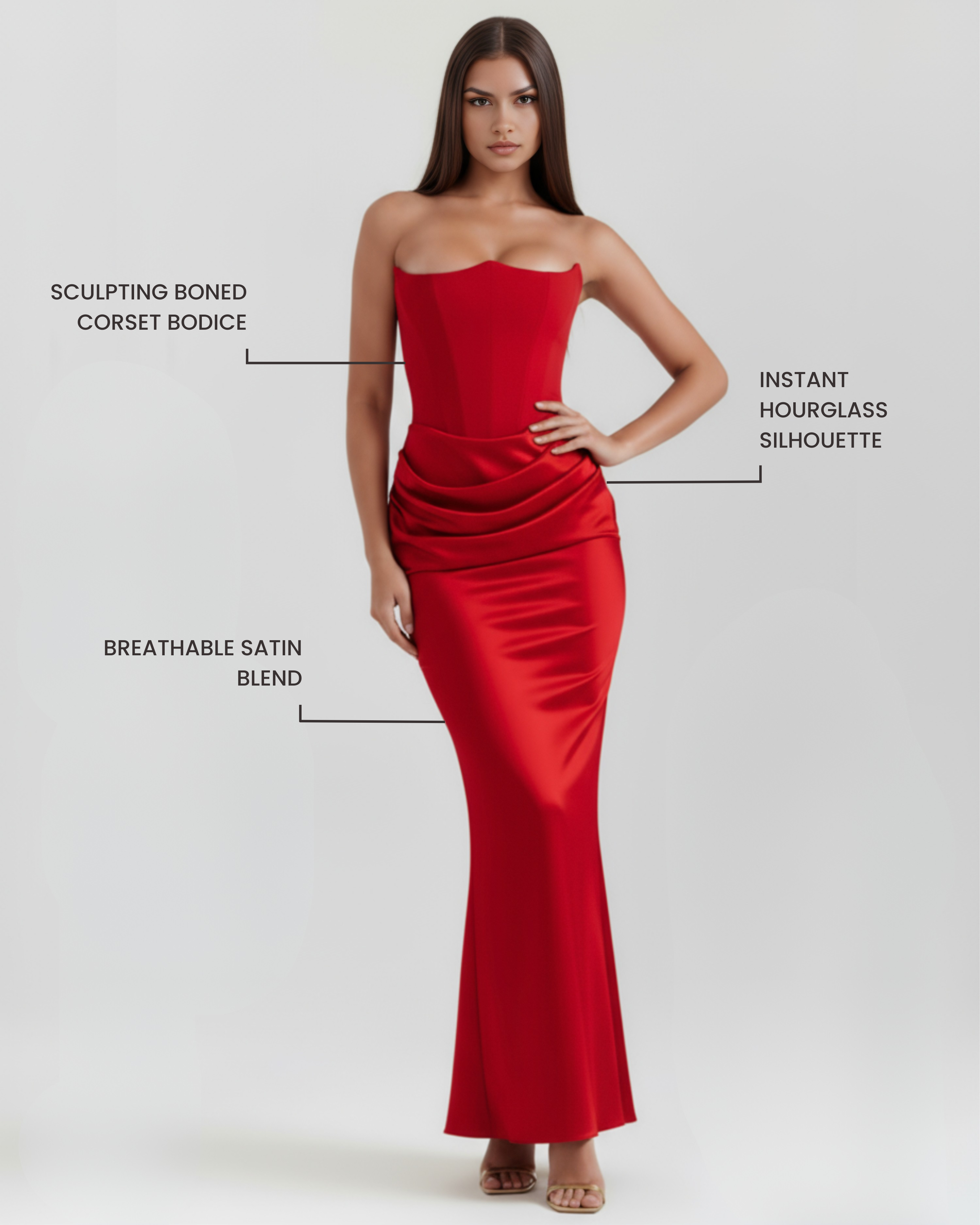 Red strapless satin gown with corset bodice, ruched waist drape, fitted mermaid hem
