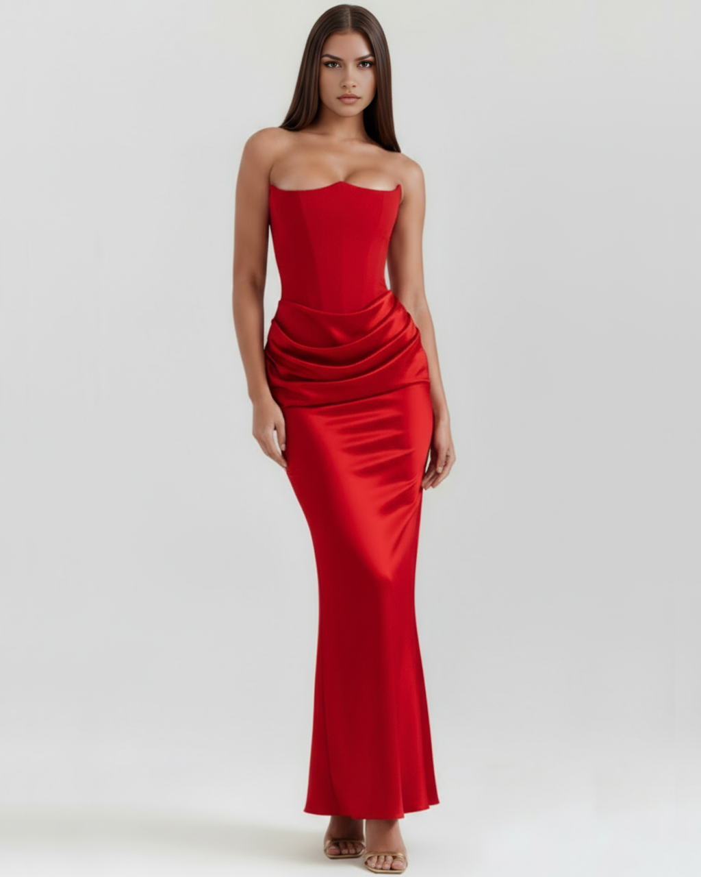 Red strapless satin gown with corset bodice, ruched drape waist, fitted mermaid hem