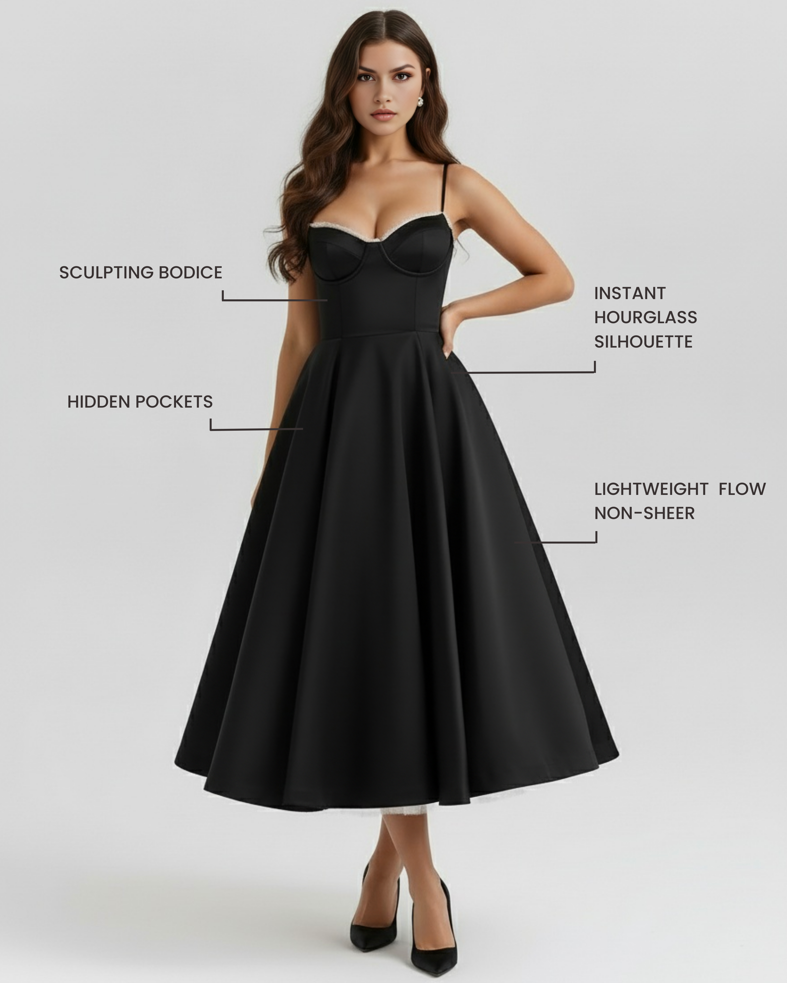 Black corset midi dress with sweetheart neckline, thin straps, and flared skirt