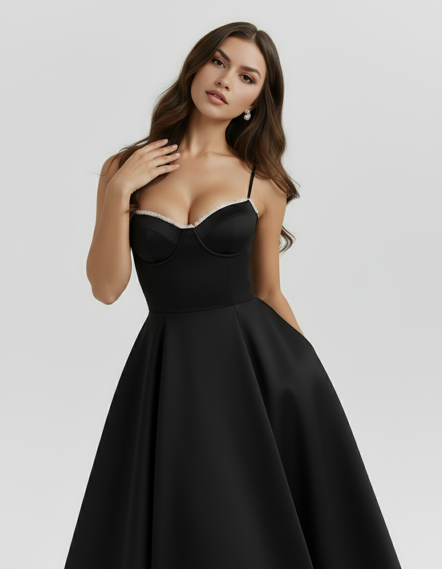 Black corset midi dress with sweetheart neckline, thin straps, and lace-edged bust