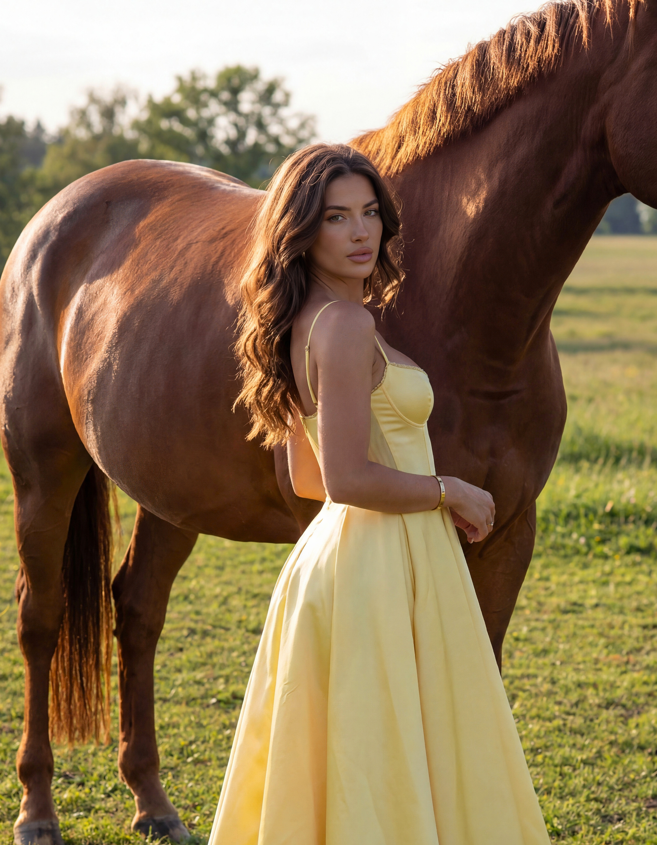 Butter yellow midi dress with spaghetti straps and flared pleated skirt
