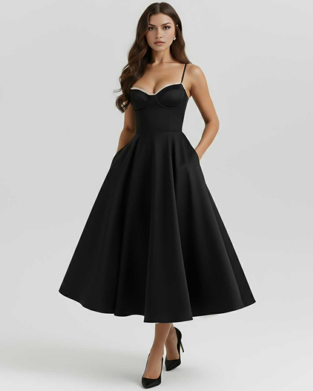 Black sweetheart corset midi dress with thin straps and full A-line skirt
