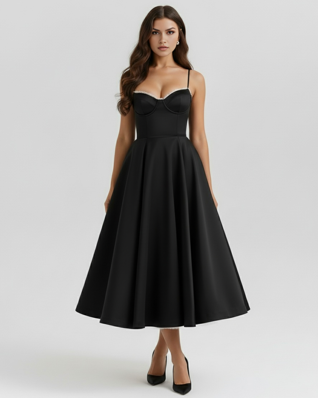Black sweetheart corset dress with thin straps and full flared midi skirt